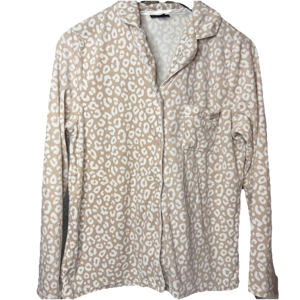 Tahari Beige Leopard Women's Fleece Pajama Top Size M Animal Print